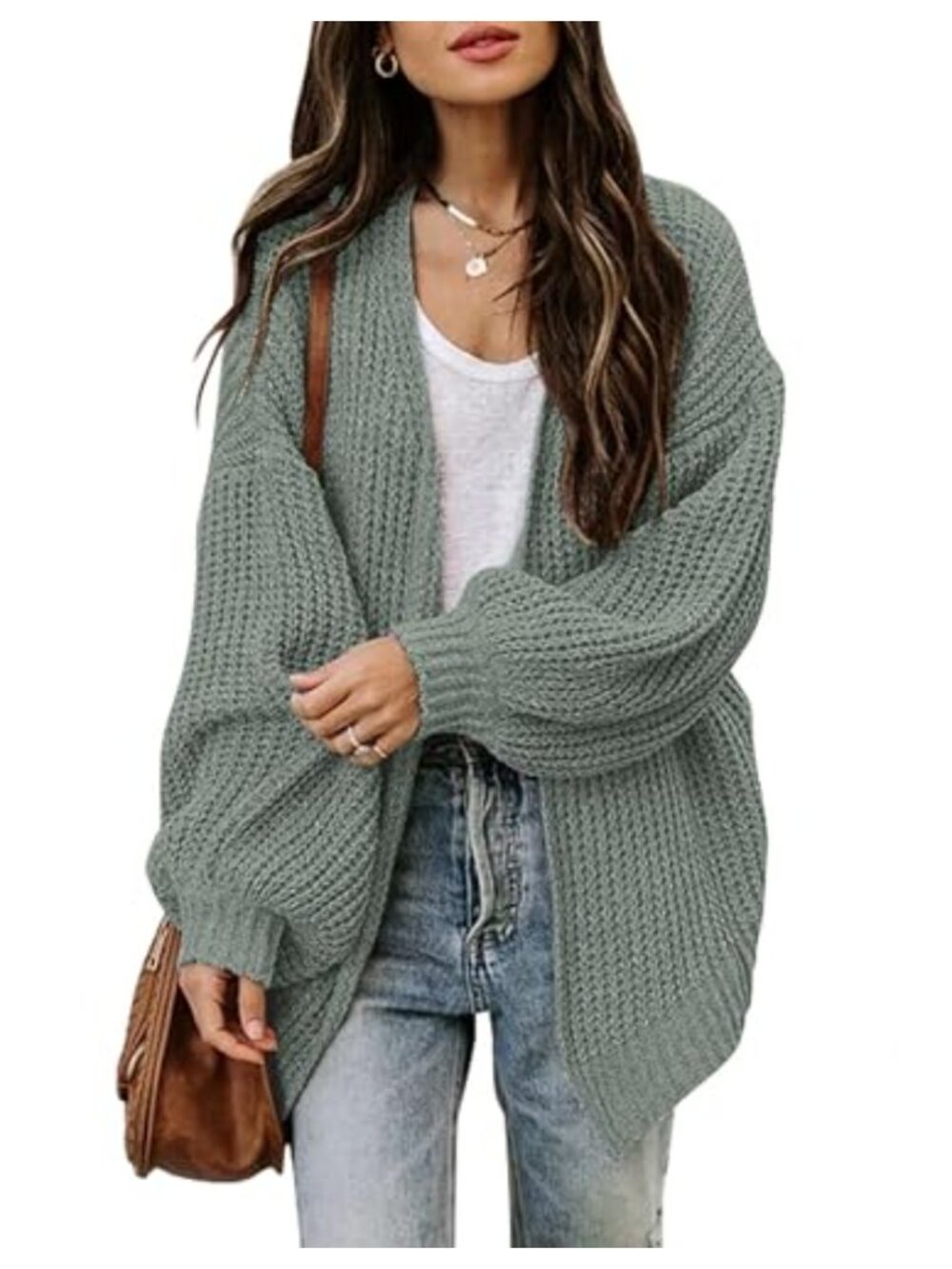 Womens Oversized Chunky Knit Open Front Cardigan Lantern Sleeve Sweater